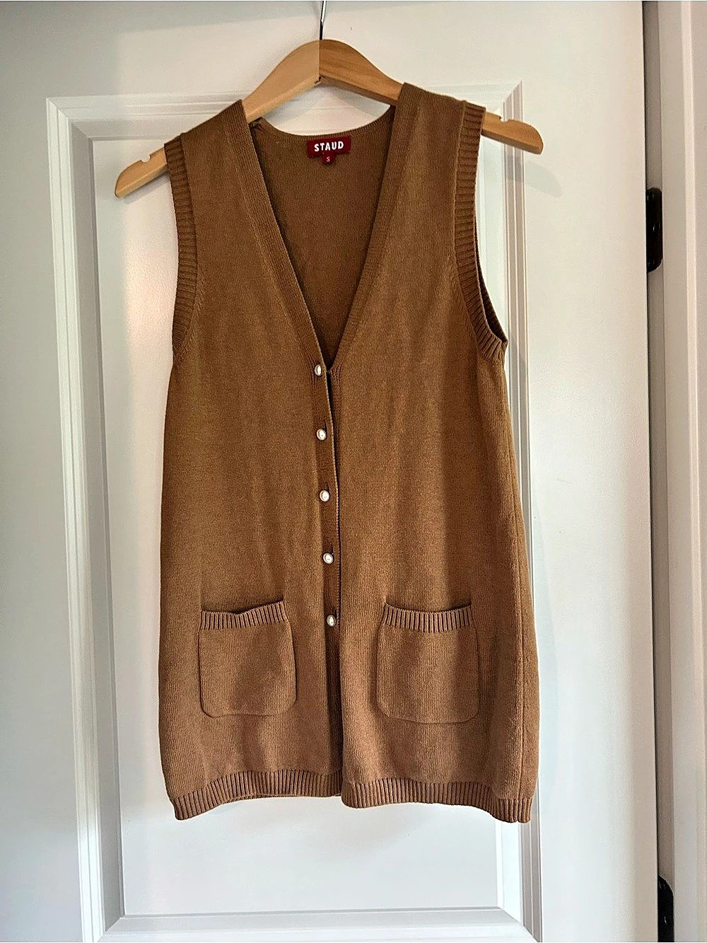 STAUD Brown Staud Cardigan Sleeveless Knit JoVest Pearl Buttons Size Small